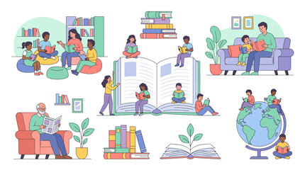 Naklejka premium Community Education and Learning Lifestyle Illustration Set