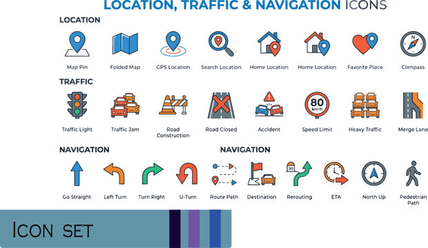 Print Location Traffic and Navigation Icons Pack - Modern Map Pins Road Directions Speed Limits and GPS Tracking Vector Symbols