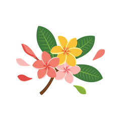 Naklejka premium Tropical flower bouquet vector clipart with colorful plumeria and green leaves isolated