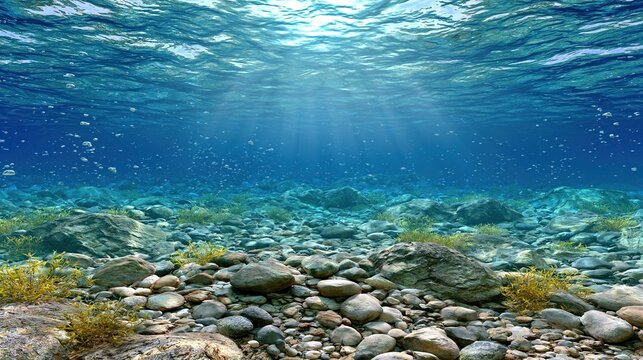 Bright sunlight filters through clear blue underwater surface over smooth mixed pebbles and small yellow aquatic plants covering stony river bed