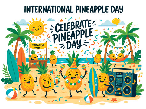 Cartoon pineapple character celebrating with tropical fruits and pie chart on sunny background