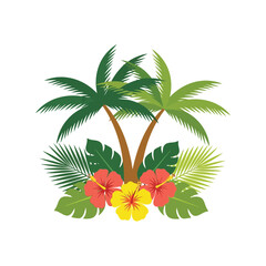 Obraz premium Tropical palm trees and hibiscus flowers vector clipart for summer design