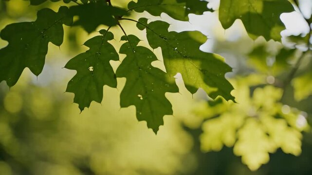 Green Maple Leaves Rustling in Sunlight with Soft Bokeh Background