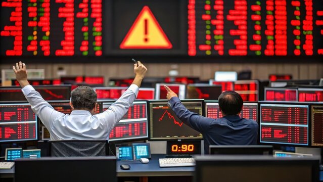 Traders react to stock market crash with red screens and warning signs, indicating panic and selloff