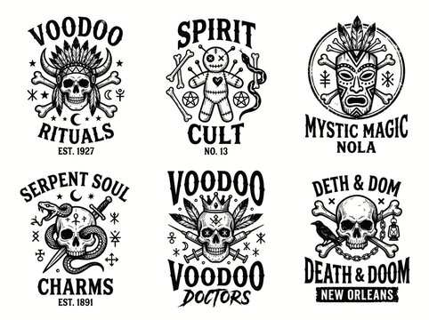 Set of vintage voodoo and occult emblems, badges, logos and labels