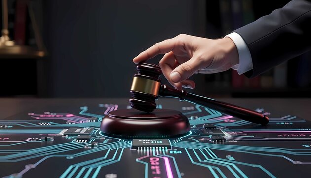 Modern court hearing process using digital screens and smart software, representing advanced technology applied in the legal field for a faster trial and fair justice