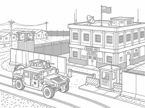 Us army military base headquarters with humvee vehicle and guard post