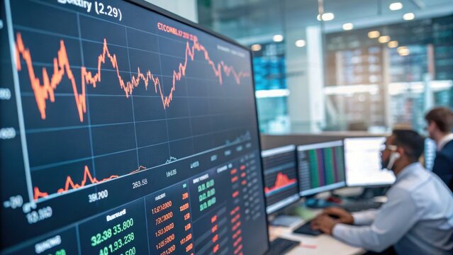 Stock market traders analyzing volatile investment data on multiple screens in modern office