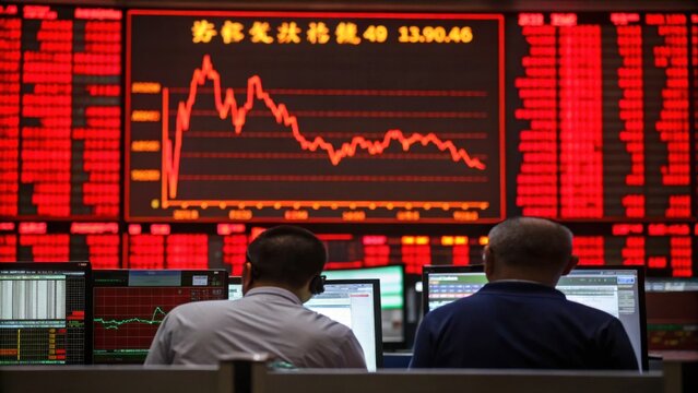 Stock market traders monitor screens displaying red financial charts, indicating volatile market. atmosphere is tense and focused