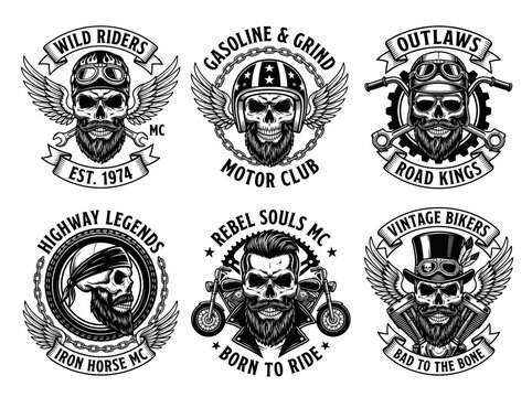 Set of vintage motorcycle club emblems with skulls and biker elements