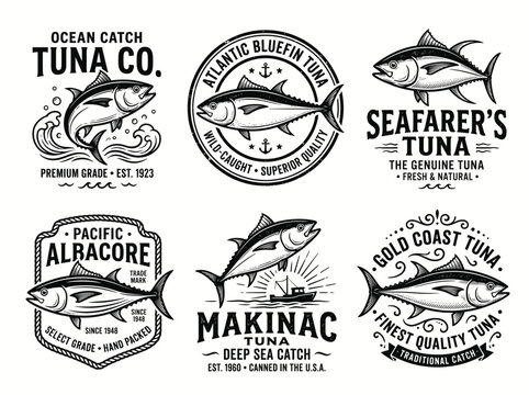 Set of vintage tuna fish emblems, labels, badges and logos