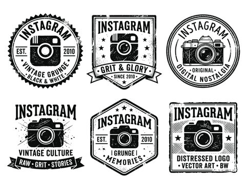 Set of vintage instagram logo badges and emblems with camera illustrations