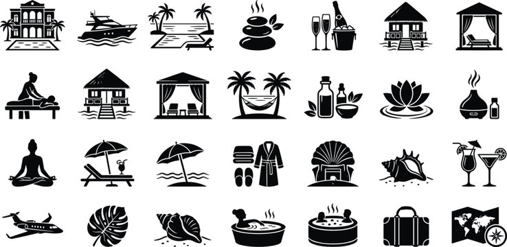 Luxury tropical resort spa and wellness black silhouette icon set featuring hotel travel beach massage and leisure elements vector