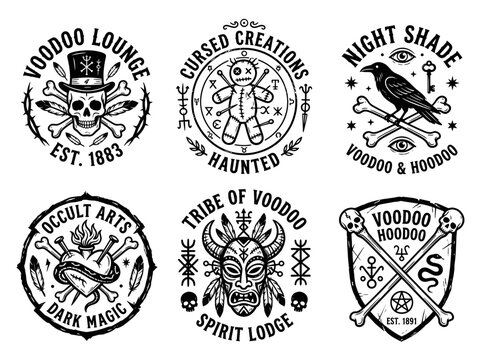 Set of vintage voodoo and occult emblems, labels, badges and logos