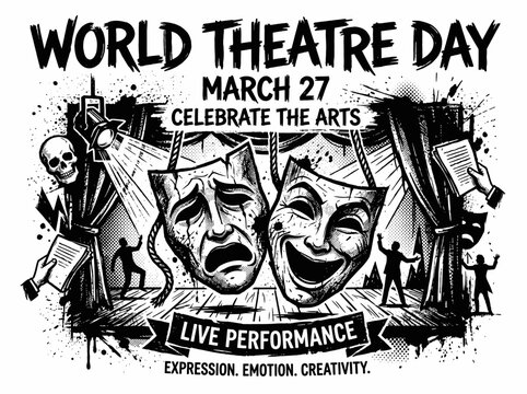 World theatre day poster with theatrical masks and stage elements