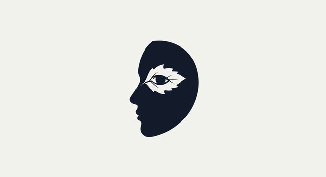 Minimalist silhouette of a human face profile featuring a leaf shaped eye.