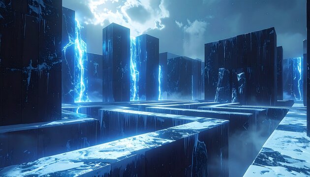 Sci-fi labyrinth with glowing blue energy and dramatic storm clouds overhead
