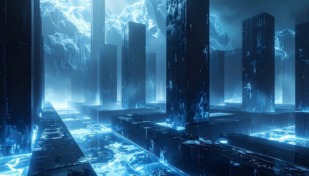 Futuristic Digital Cityscape with Glowing Blue Structures and Ethereal Energy