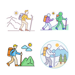 Fototapeta premium Diverse people hiking and camping outdoor activities - Colorful vector icons showing groups of people enjoying hiking, climbing, and camping in nature with happy expressions.