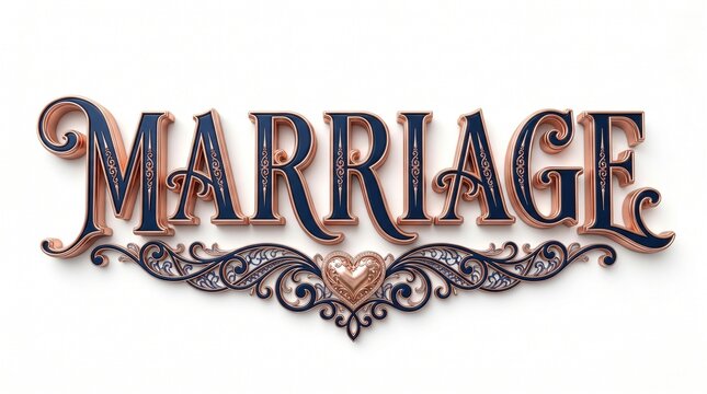 Elegant 3d marriage text with ornate heart design isolated on white background