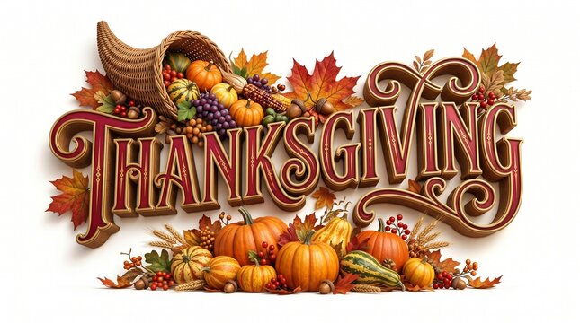 Thanksgiving typography with cornucopia isolated on white background