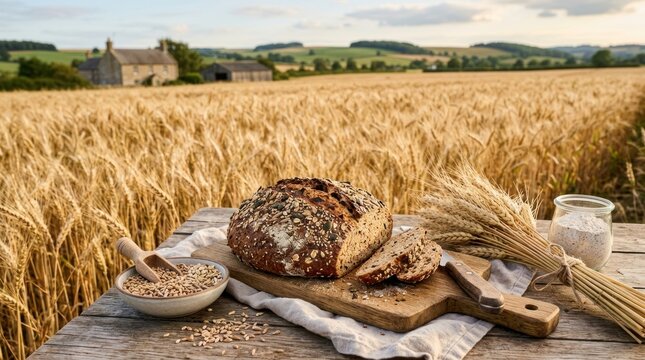 A rustic loaf of dark rye bread sits on a weathered wooden table, alongside a small bowl of grains and a wooden spoon.