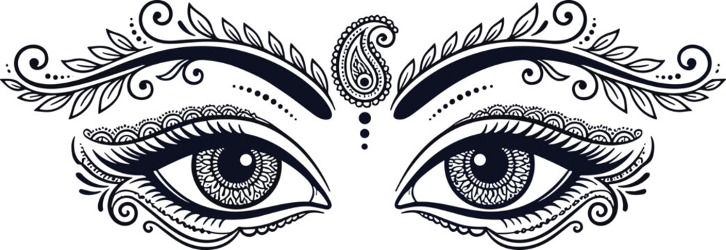 Traditional Indian Durga Puja goddess eyes vector illustration with bindi paisley pattern and ornate henna eyebrows for festive religious banner design