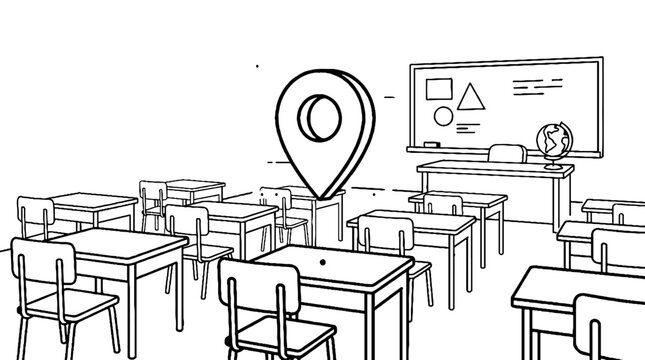 Large location pin icon in a school classroom with desks