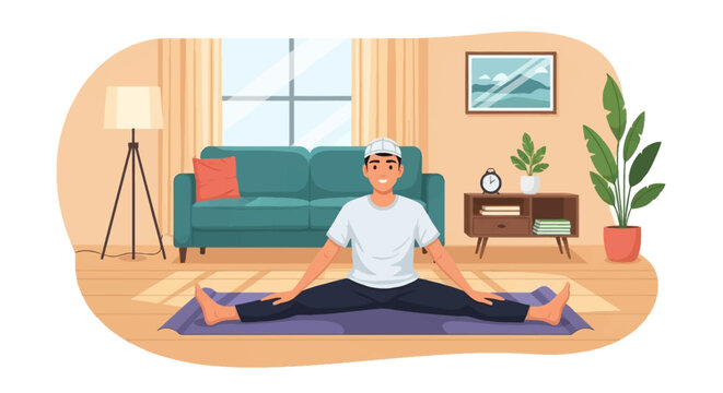 Vector illustration of a young Muslim man wearing a white prayer cap performing a seated straddle stretch on a purple yoga mat in a living room with a sofa and indoor plants.
