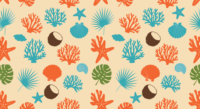 Tropical coral reef seamless pattern vector clipart with palm leaves and starfish