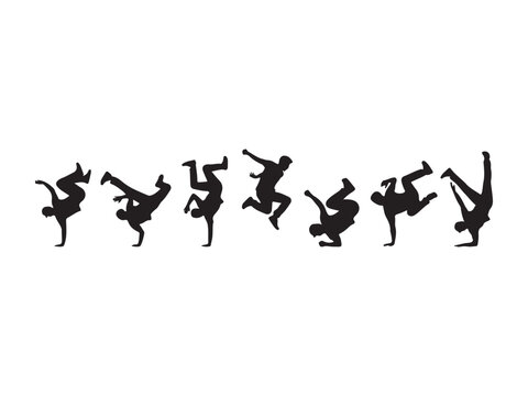 Series of breakdancing moves illustrated in dynamic black silhouette style