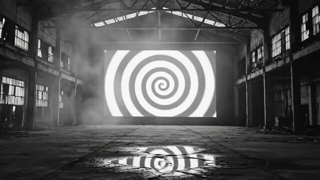 Black and white abstract animation of hypnotic circles displayed on a large screen in a dilapidated industrial warehouse.