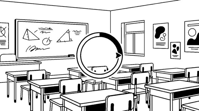 Virtual learning loading icon in empty classroom setting