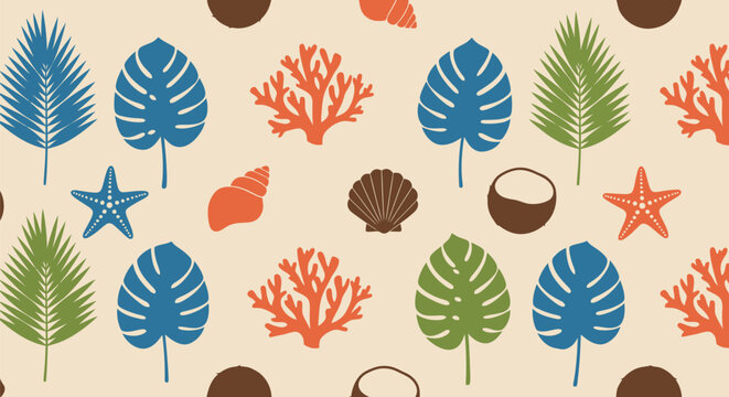 Tropical leaves and sea elements seamless pattern vector clipart for summer design