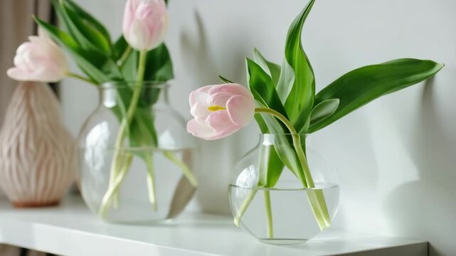 Fresh pink tulips stand elegantly in glass vases atop a shelf. Soft natural light highlights their delicate petals, creating a calm and inviting atmosphere in a cozy space.