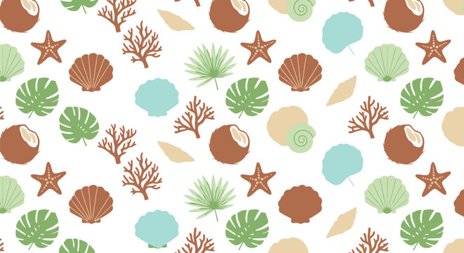 Seamless tropical beach vector clipart pattern with shells, coconuts, and starfish