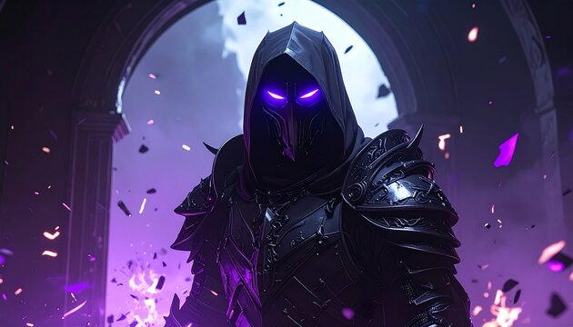 Mysterious hooded figure with glowing purple eyes in a dark fantasy setting, emanating magical energy and a sense of impending doom