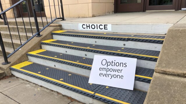 Sign on Steps with the Word Choice and a Message about Options Empowering Everyone in a Public Space