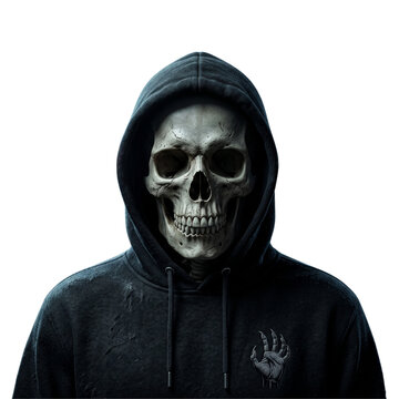 Dark hooded skull portrait with cinematic lighting, surreal horror character, realistic gothic digital artwork, isolated black background