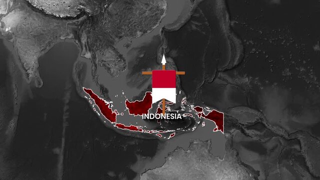 Animated Indonesian archipelago on a grayscale world map with a flag marker moving