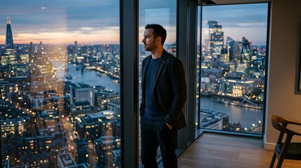 Fototapeta premium Man Contemplating Cityscape from High-Rise Apartment at Dusk.