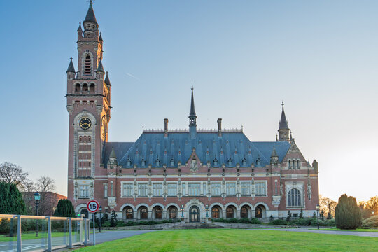 Exterior view of the Peace Palace in The Hague, Netherlands, home to the International Court of Justice, celebrated for its distinguished architecture, historical legacy, and.