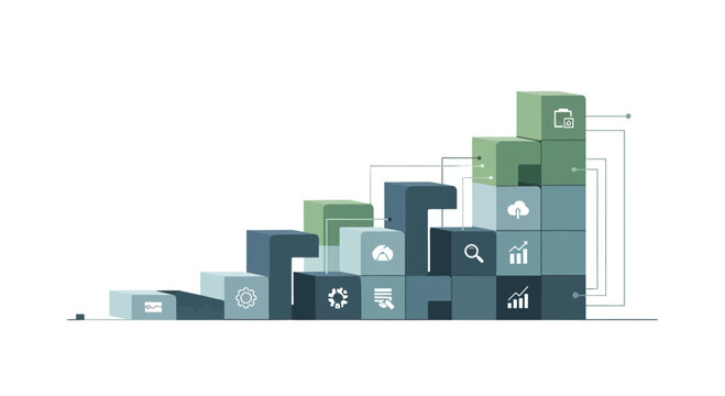 Infographic elements, business icons, data visualization blocks, blue green color scheme
