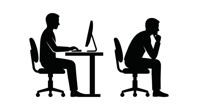 Office work postures Men at desks, active computing and pensive thinking