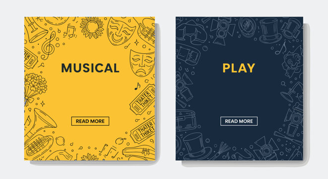 Pair of theater event posters for musicals and plays featuring artistic hand drawn doodles of theatrical equipment.