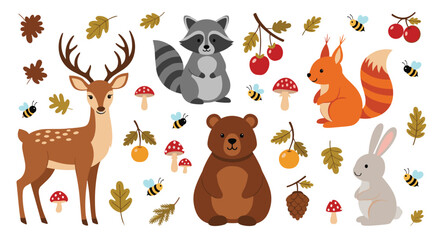 Fototapeta premium Collection of adorable forest animals including a deer bear raccoon and squirrel surrounded by autumn leaves and berries.