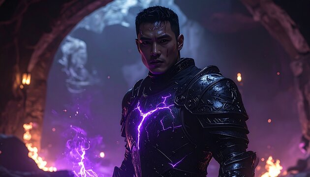 A formidable fantasy hero channeling potent arcane energy, illuminated by the glow of ancient spells and shadowy ruins, ready for an epic confrontation