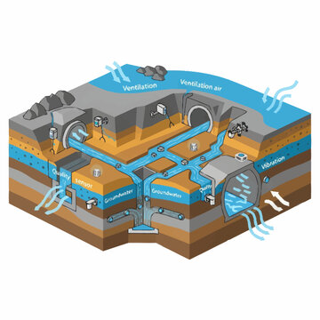 Cross section of underground water management system illustration.