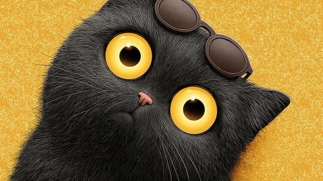 Close up cartoon illustration of fluffy black cat with big bright yellow eyes and round brown sunglasses resting on head against solid warm yellow background
