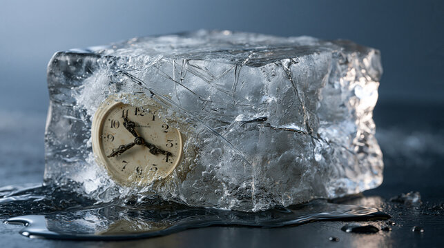 Time Frozen Concept with Antique Clock Sealed in Transparent Ice Block
